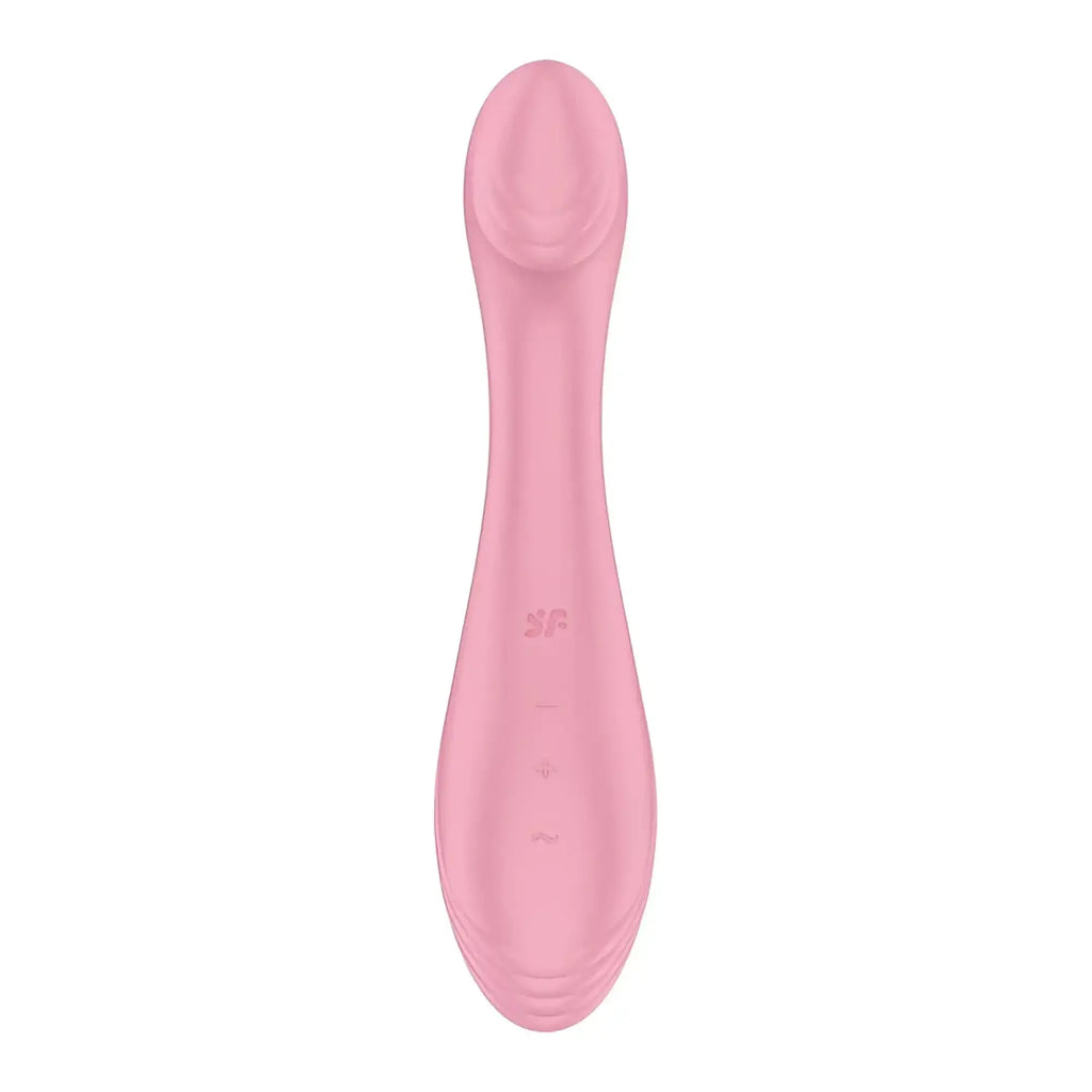 Pink silicone adult toy satisfyer g-force with smooth curved design and subtle branding on the handle