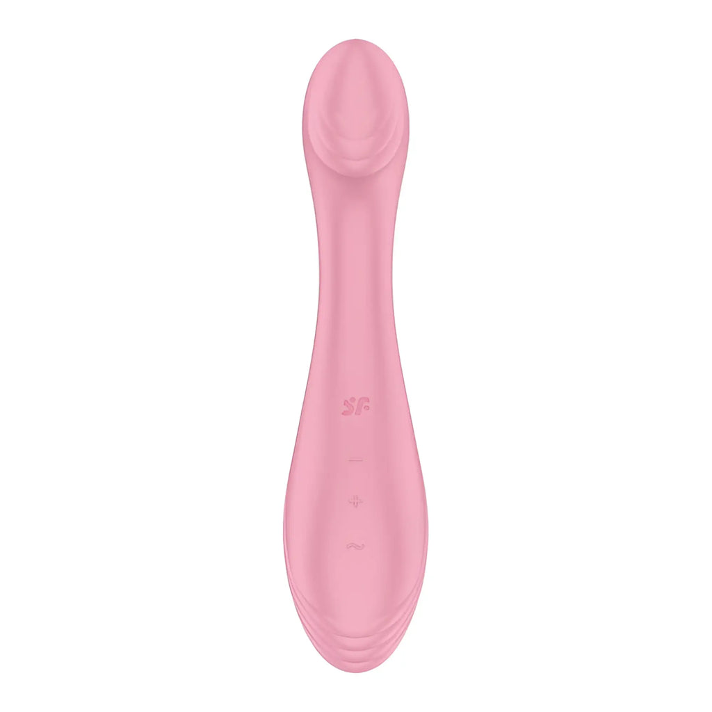 Pink silicone adult toy satisfyer g-force with smooth curved design and subtle branding on the handle