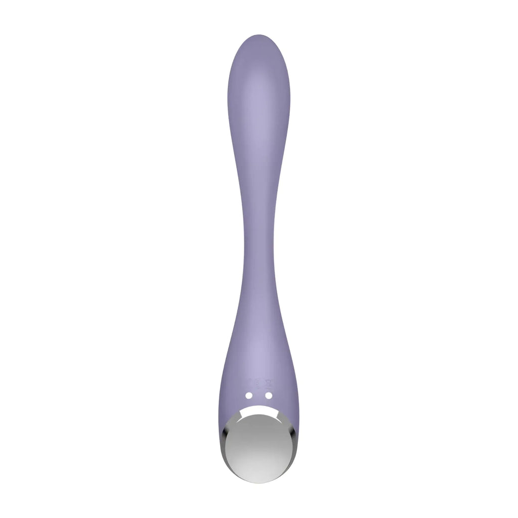 Satisfyer g-spot flex 5+ lilac sleek silicone handheld facial massager with polished silver circular head
