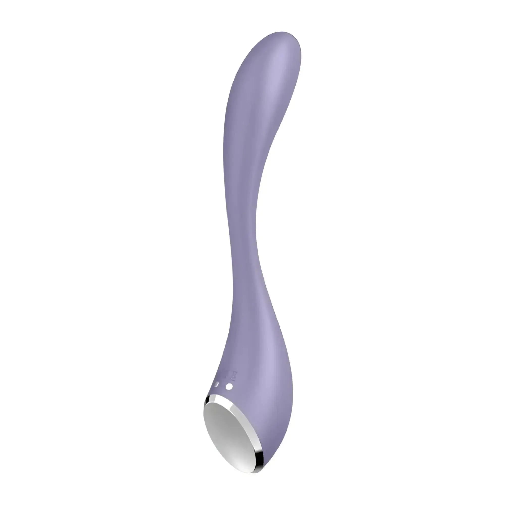 A sleek lavender curved silicone g-spot toy with metallic silver rim and two indicator lights by Satisfyer