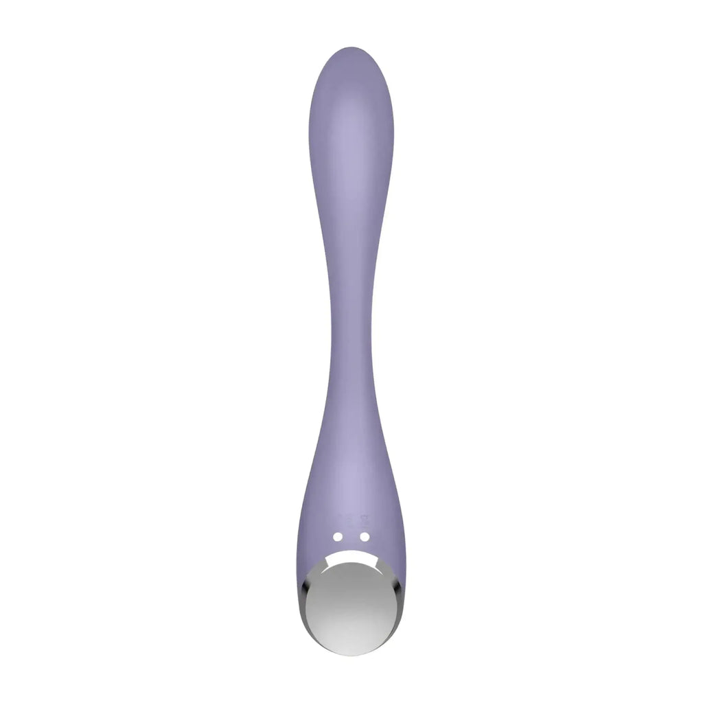 Satisfyer g-spot flex 5+ lilac sleek silicone handheld facial massager with polished silver circular head