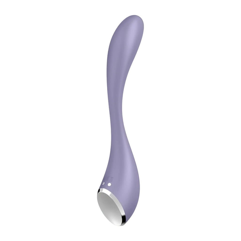 A sleek lavender curved silicone g-spot toy with metallic silver rim and two indicator lights by Satisfyer