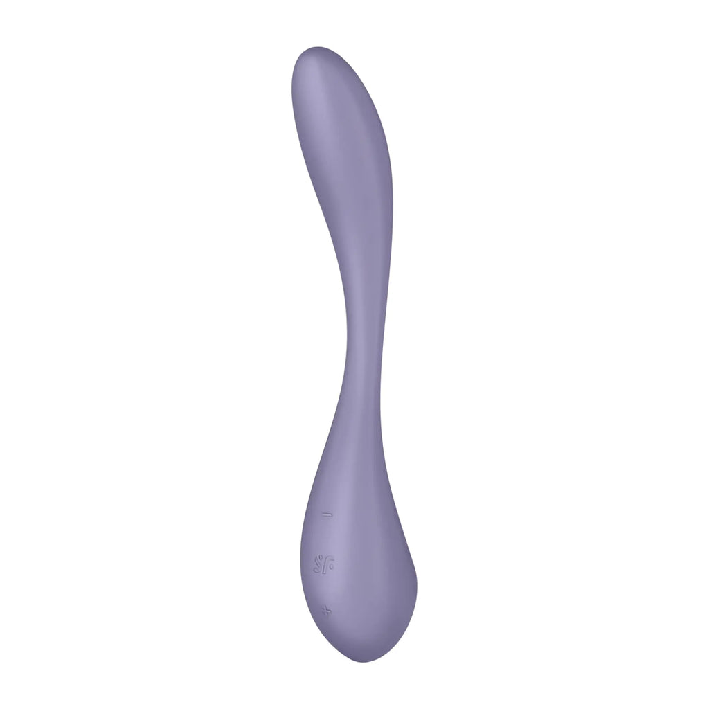 A sleek lavender silicone g-spot toy with a smooth curved design and subtle branding on the base by Satisfyer