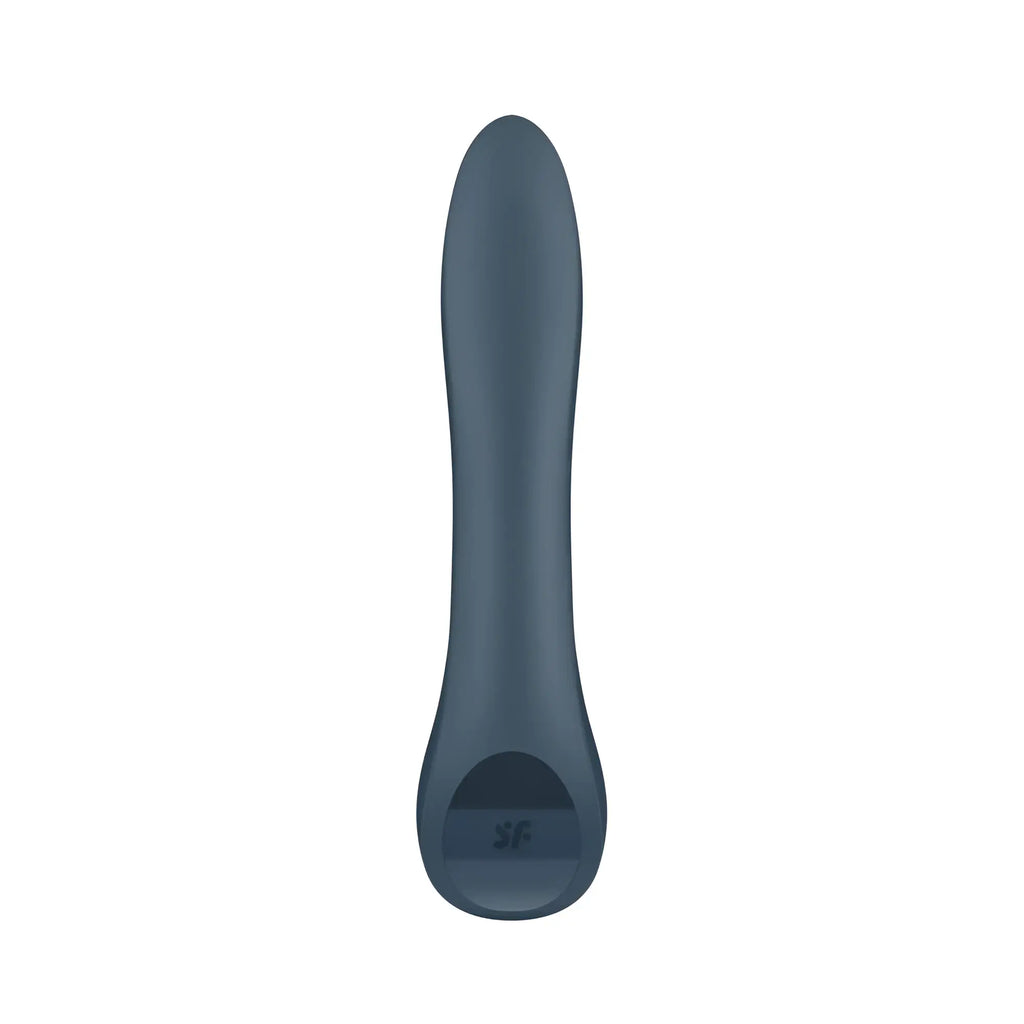 A sleek matte dark gray silicone g-spot adult toy with a smooth tapered design and sf logo by satisfyer