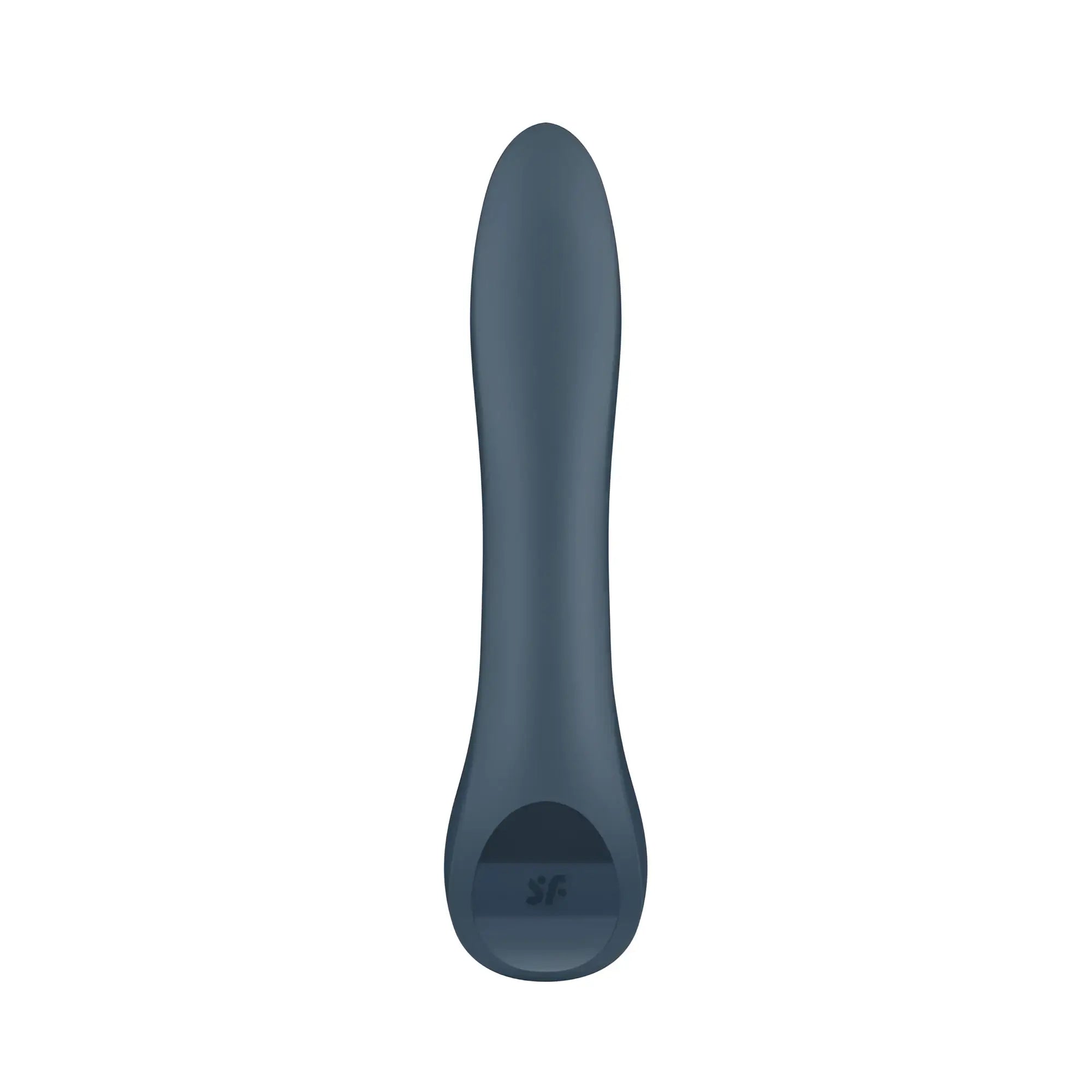 A sleek matte dark gray silicone g-spot adult toy with a smooth tapered design and sf logo by satisfyer