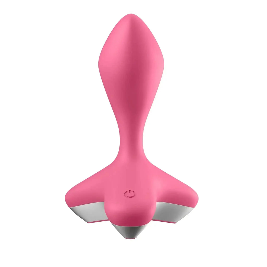 Pink silicone satisfying game changer vibrating anal plug with sleek tapered design and silver metallic base accents