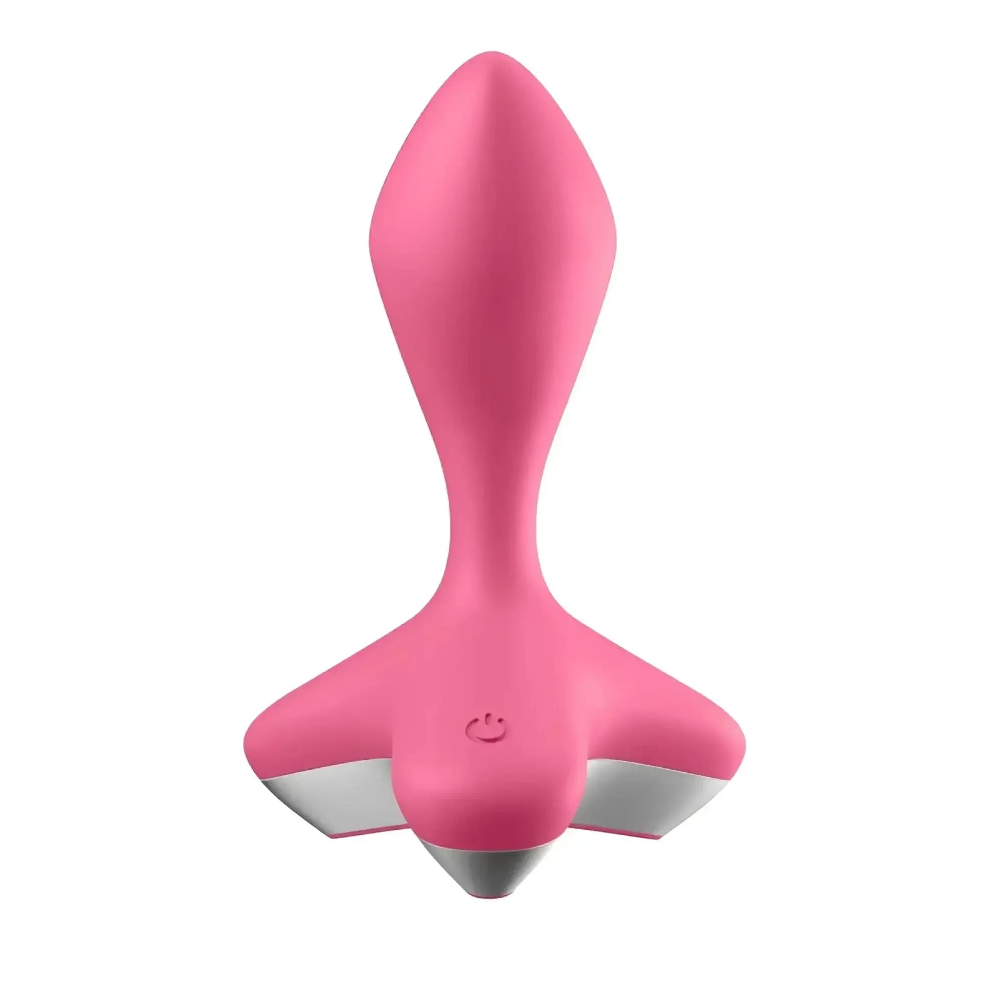 Pink silicone satisfying game changer vibrating anal plug with sleek tapered design and silver metallic base accents
