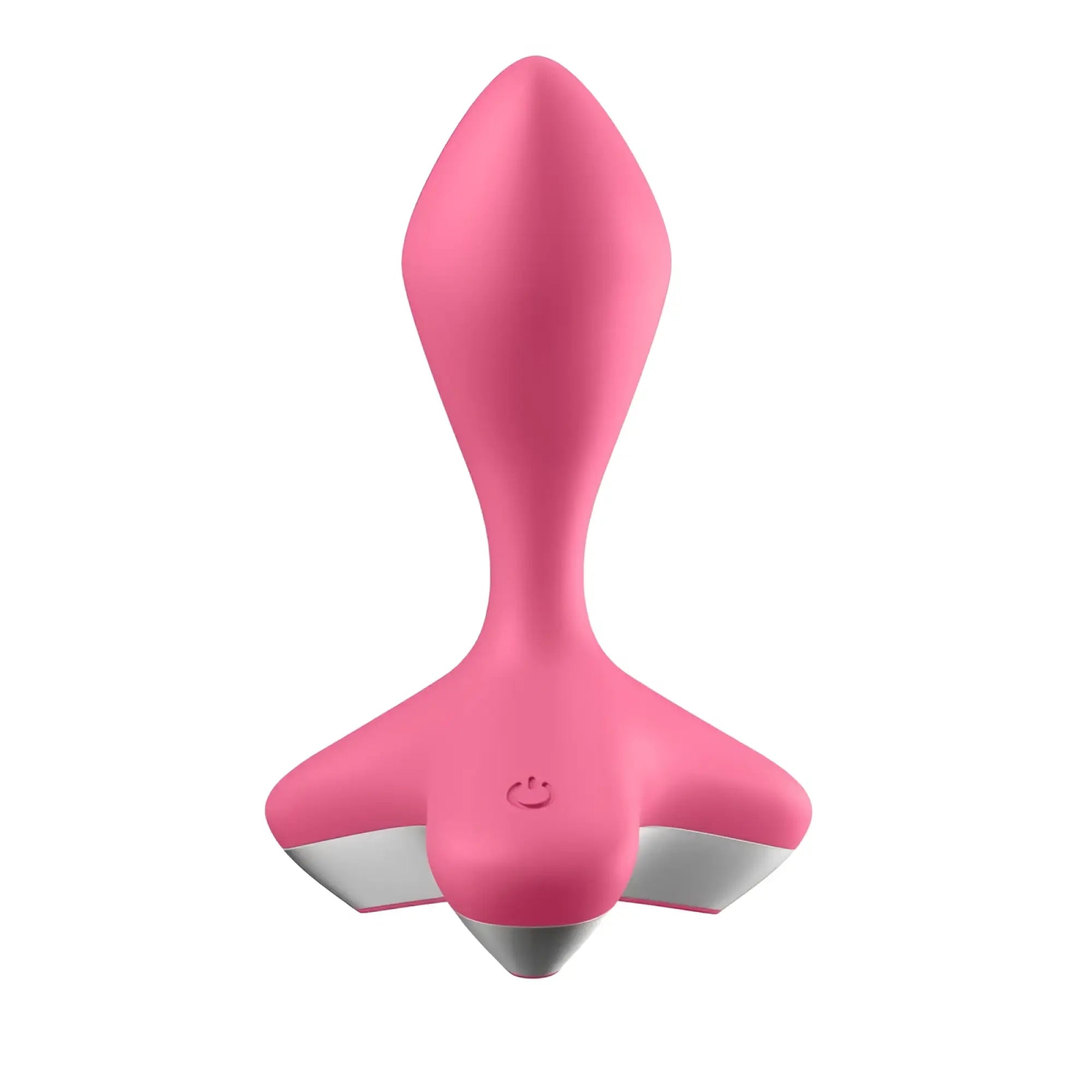 Pink silicone satisfying game changer vibrating anal plug with sleek tapered design and silver metallic base accents