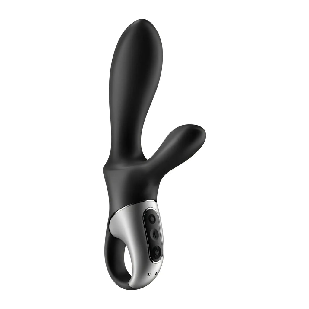 Black silicone anal vibrator with silver metallic control panel and three buttons from satisfyer heat climax plus connect app