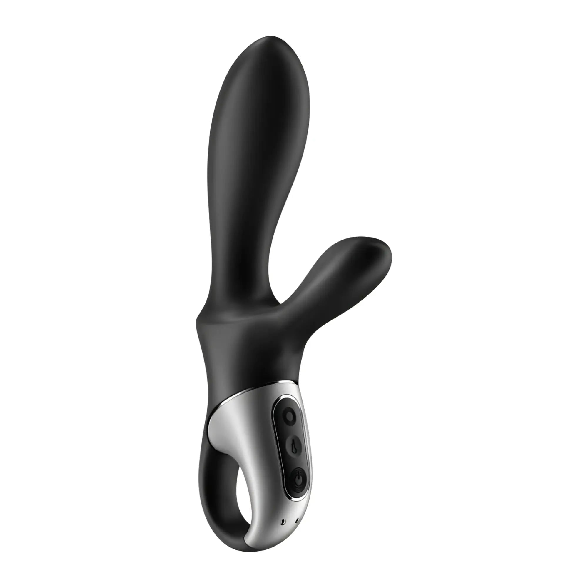 Black silicone anal vibrator with silver metallic control panel and three buttons from satisfyer heat climax plus connect app