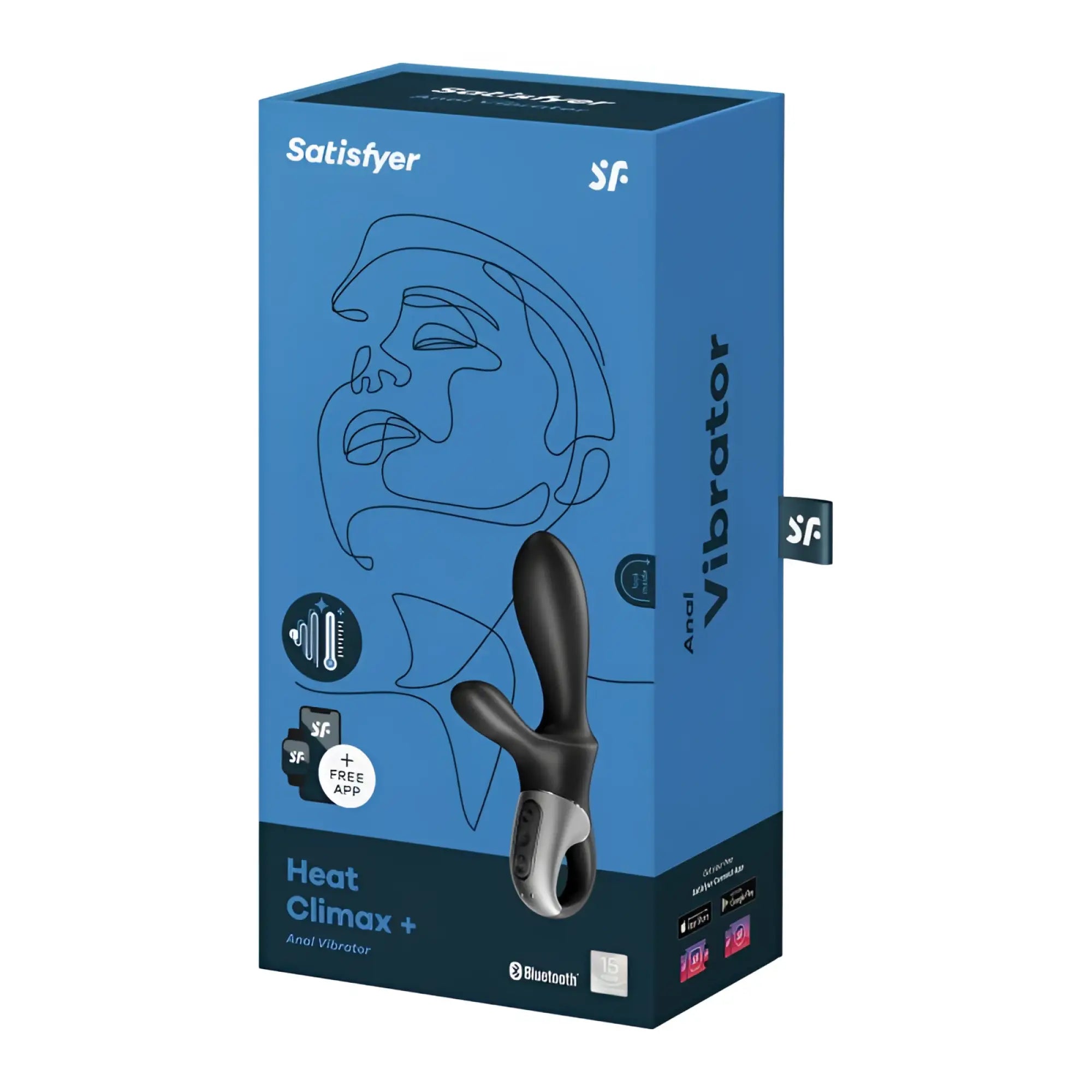 Black and silver Satisfyer heat climax plus warming anal vibrator in blue packaging with app connectivity features