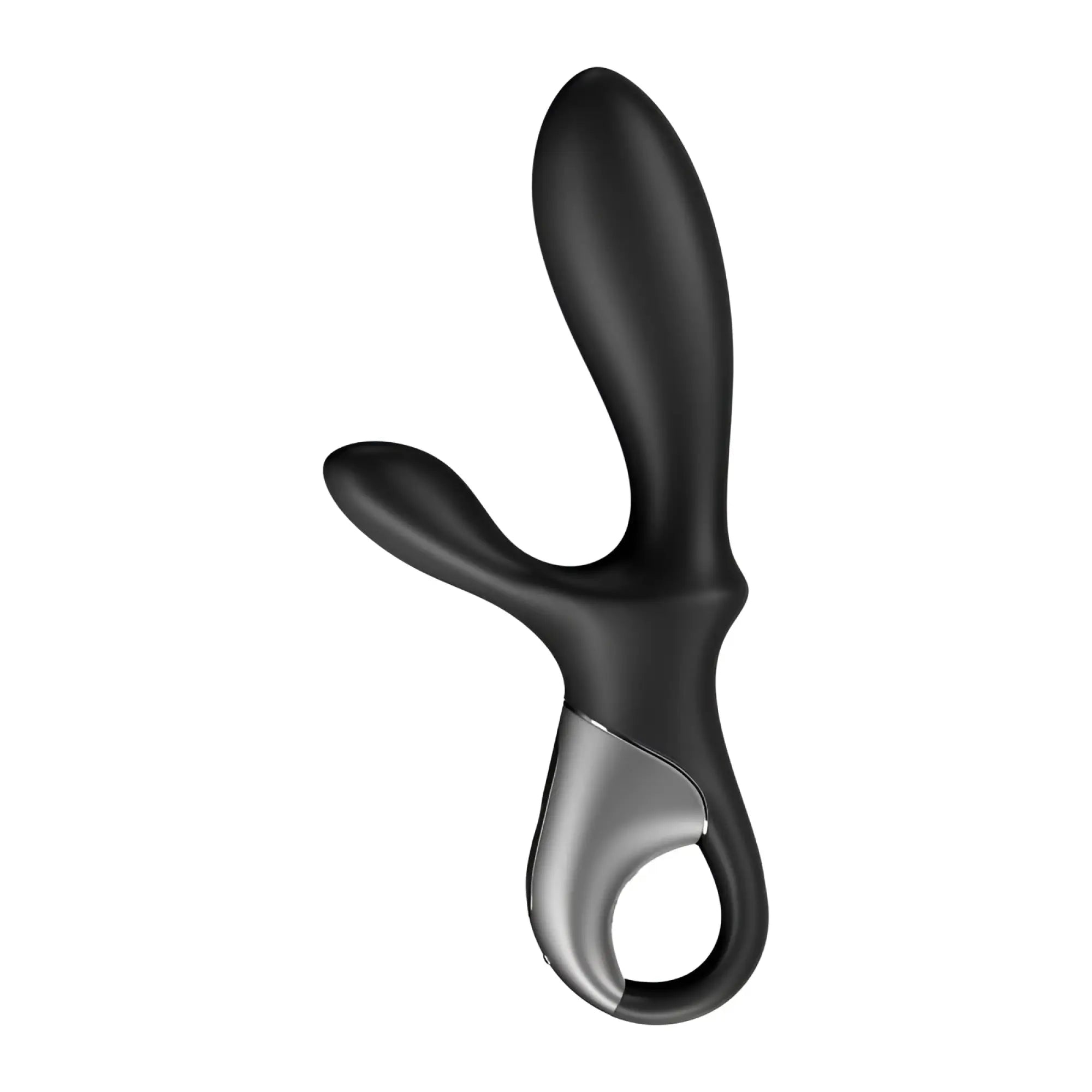 Black and silver dual-headed vibrator with ergonomic design from satisfyer heat climax plus connect app warming anal vibrator