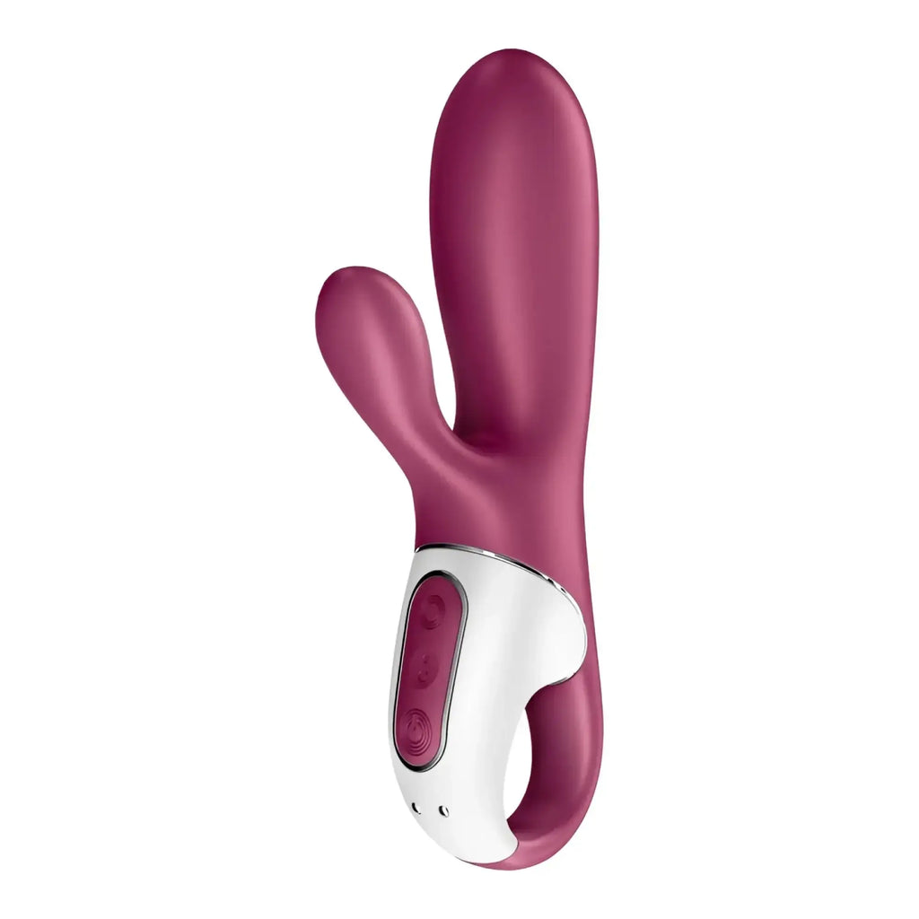 A sleek magenta satisfyer hot bunny connect app warming vibrator with white control panel and silver trim