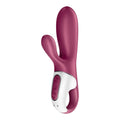 A sleek magenta satisfyer hot bunny connect app warming vibrator with white control panel and silver trim