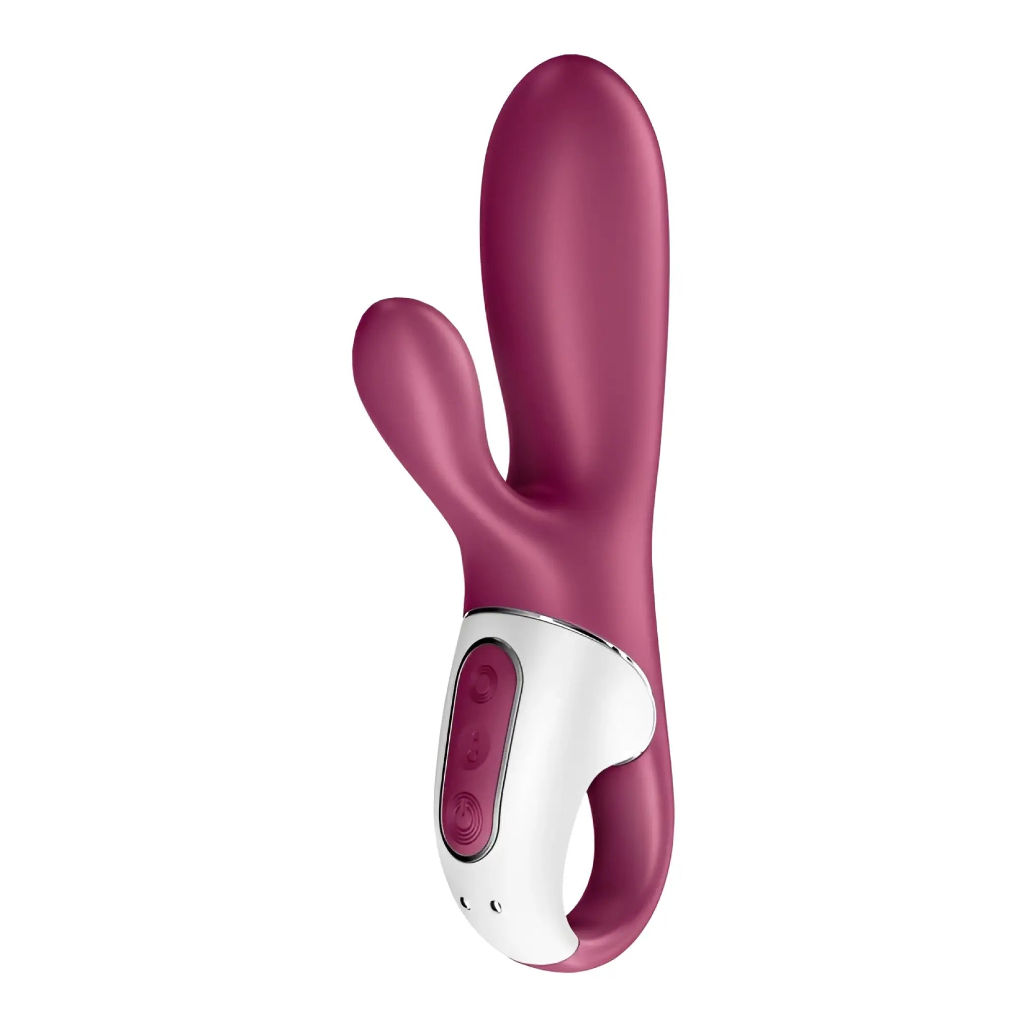 A sleek magenta satisfyer hot bunny connect app warming vibrator with white control panel and silver trim