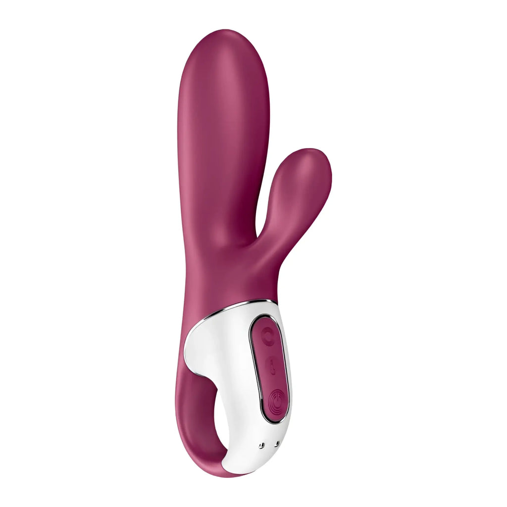 A sleek magenta rabbit-shaped vibrator with white control panel and silver accents from satisfyer hot bunny connect app warming vibrator
