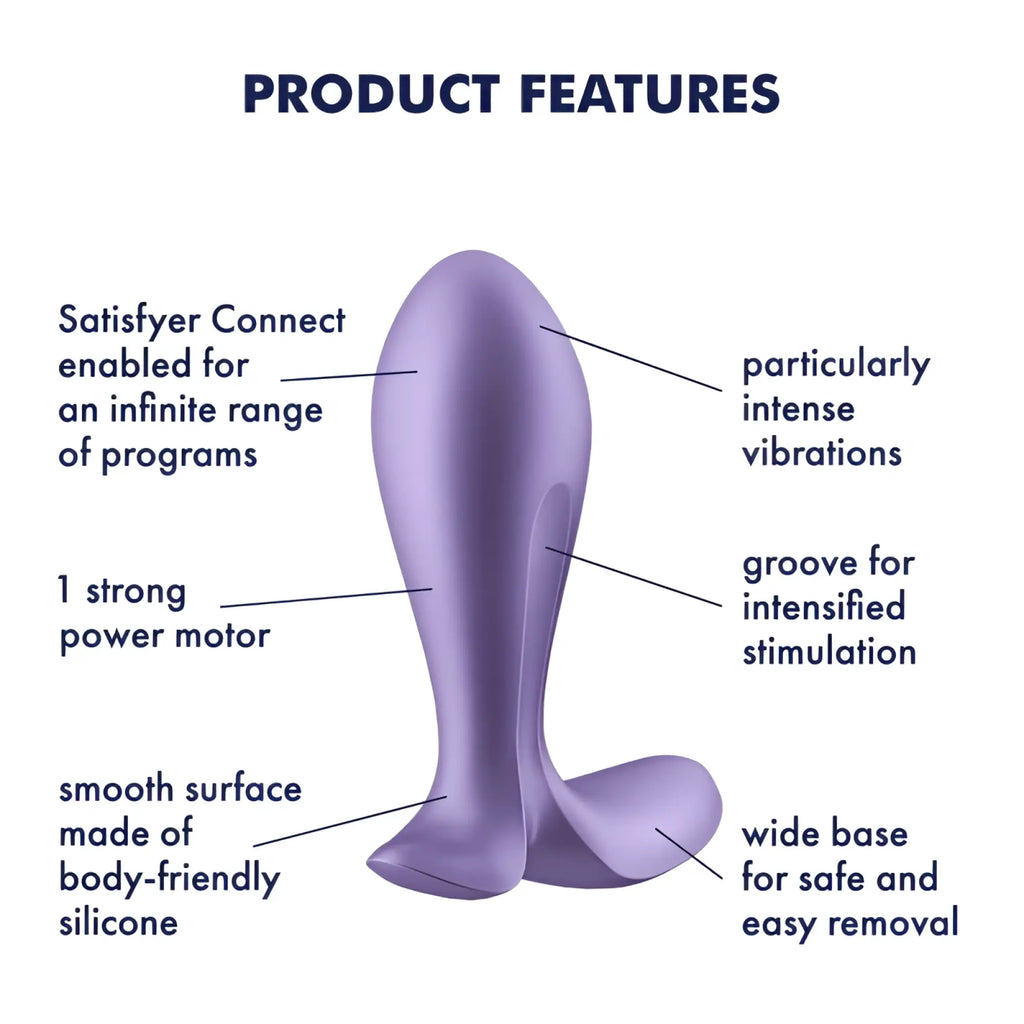 Purple silicone vibratory plug with wide base and smooth surface from satisfyer intensity plug collection