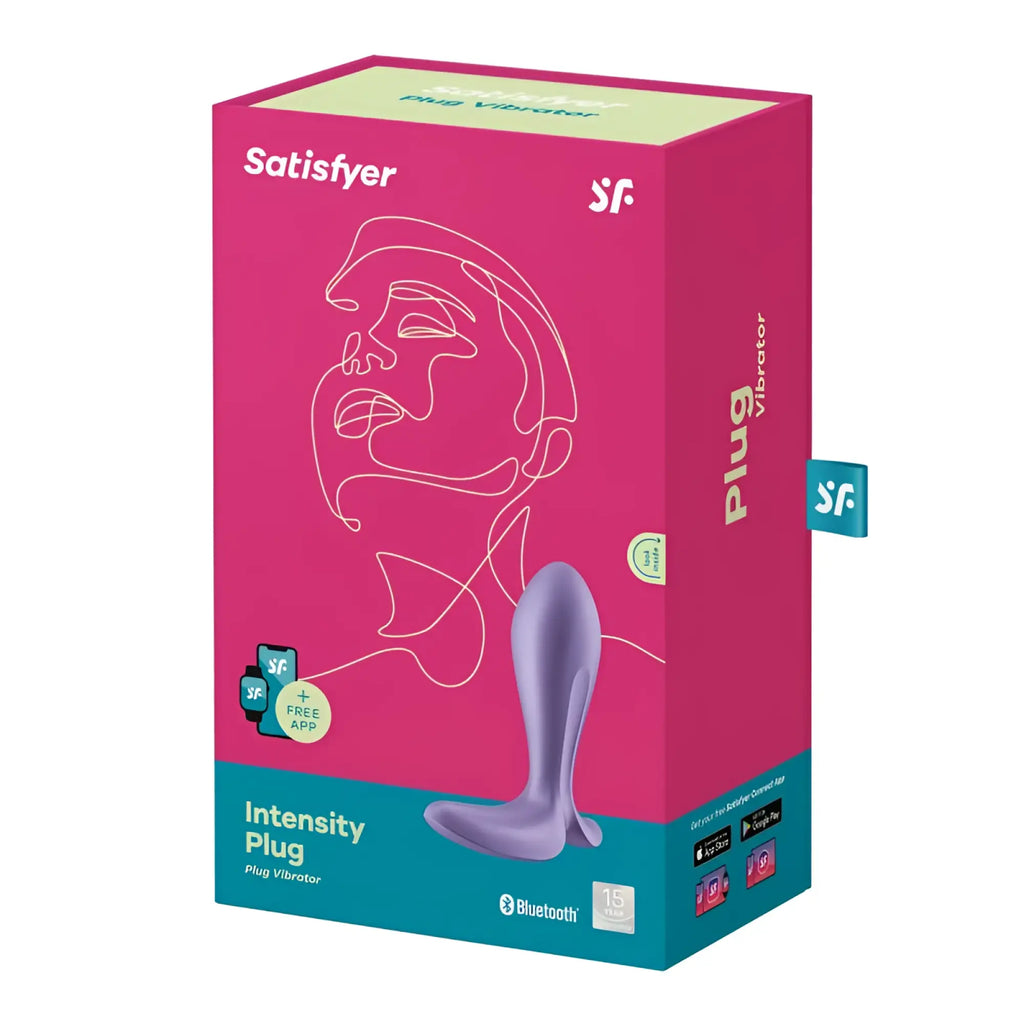 Purple satisfyer intensity plug vibrator in branded packaging showing its silicone material and ergonomic design