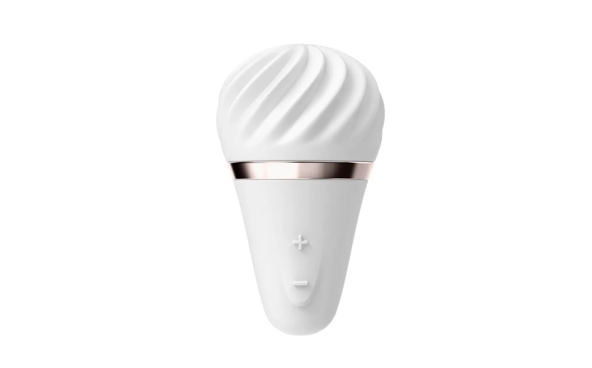 White silicone vibrator with rose gold accent band and textured ribbed top from satisfyer layon 4 little wand