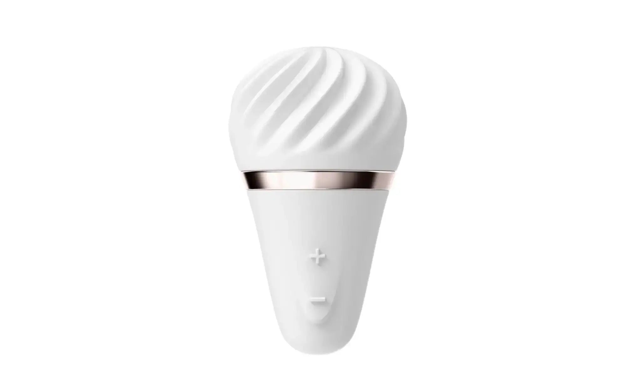 White silicone vibrator with rose gold accent band and textured ribbed top from satisfyer layon 4 little wand