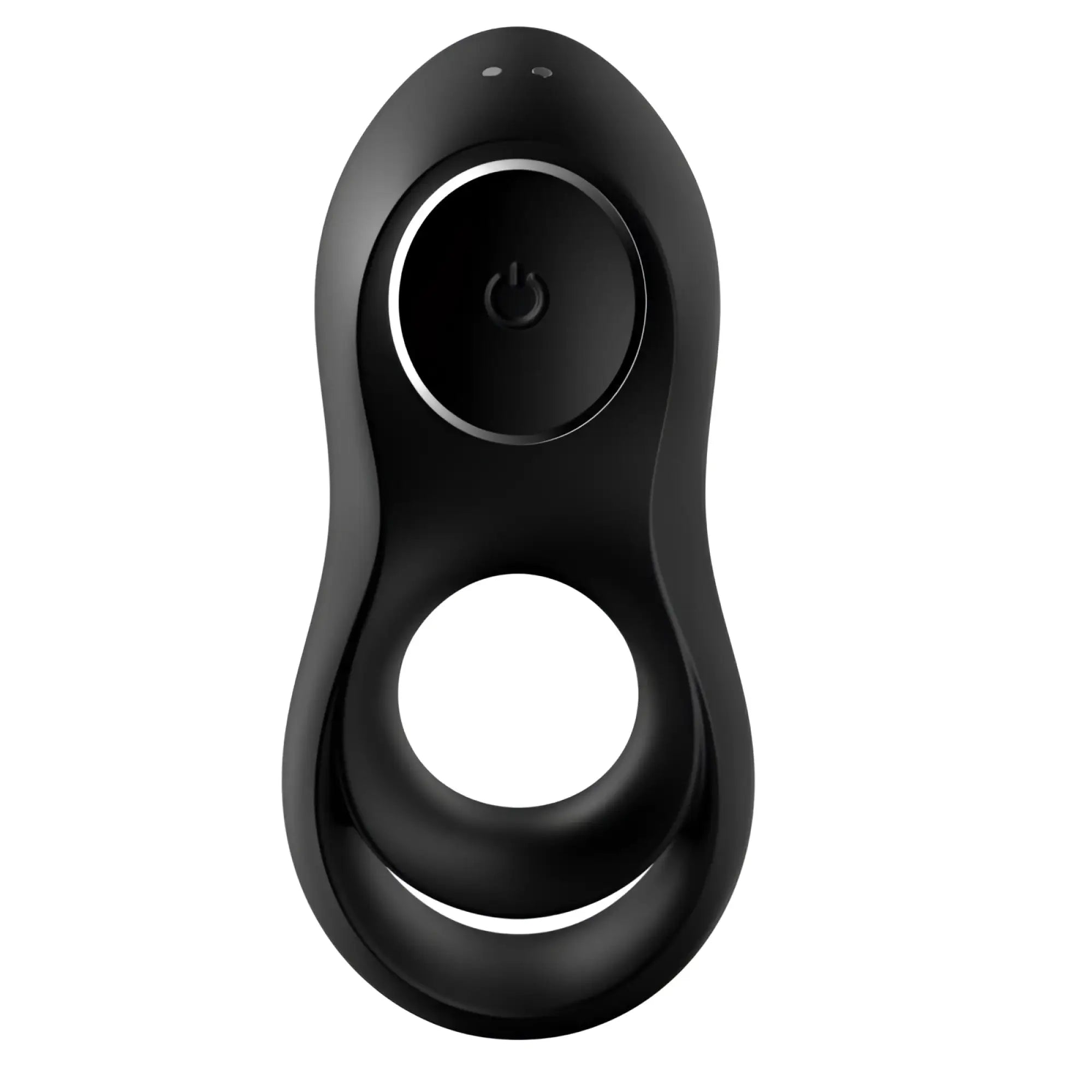 Black silicone Satisfyer Legendary Duo cockring with circular power button and two indicator lights visible on front side