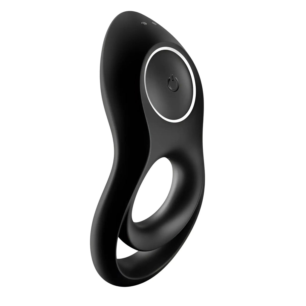 Black silicone satisfyer legendary duo cockring with circular power button and two small indicator lights on top
