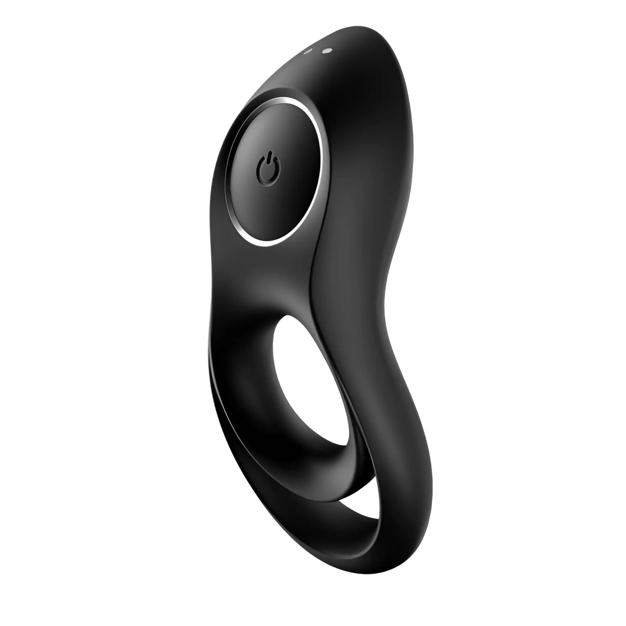 Black silicone cockring with power button and two indicator lights on top from Satisfyer Legendary Duo product