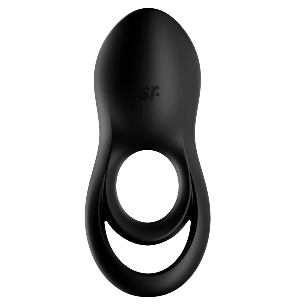 Black silicone satisfyer legendary duo cockring with smooth glossy finish and integrated handle for intimate use