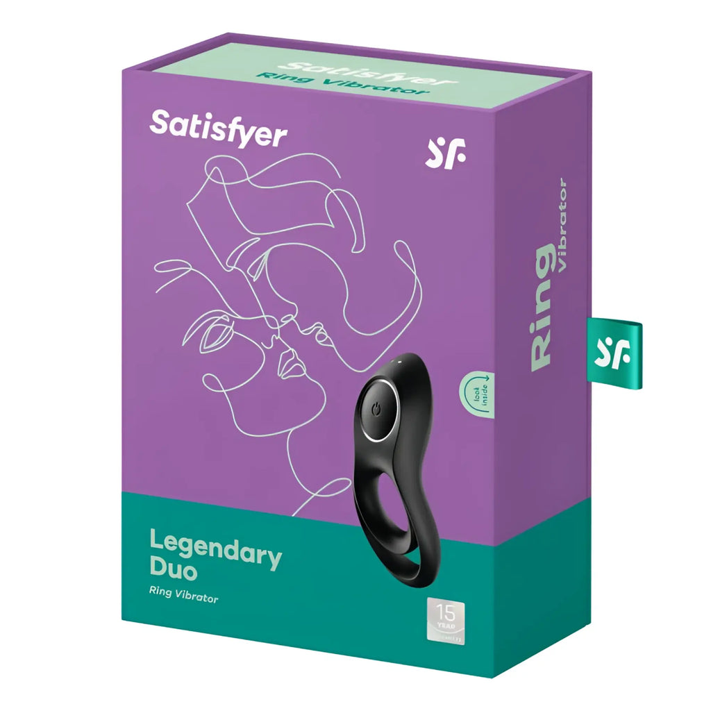 Satisfyer legendary duo cockring in sleek black plastic with minimalist design and power button shown from back side