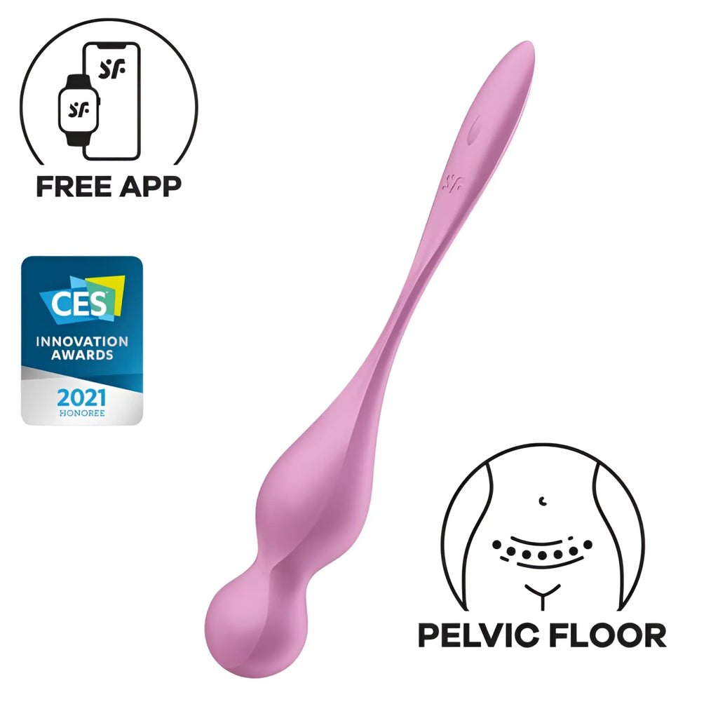Pink silicone pelvic floor exerciser with sleek curved design and sf logo for kegel training by satisfyer