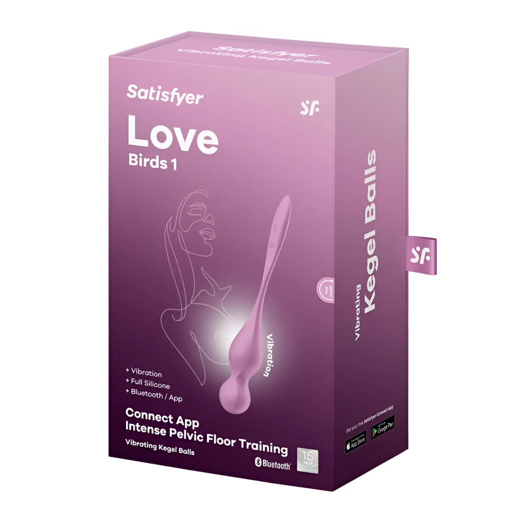 Pink silicone vibrating kegel balls in a satisfyer love birds 1 box for pelvic floor training with connect app