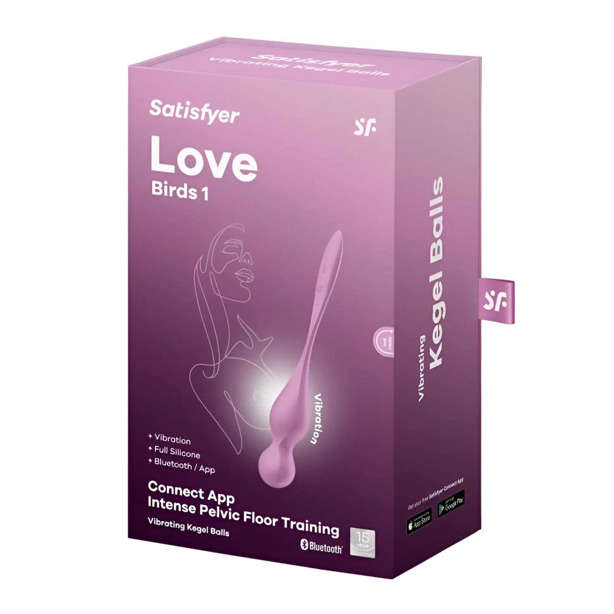 Pink silicone vibrating kegel balls in a satisfyer love birds 1 box for pelvic floor training with connect app