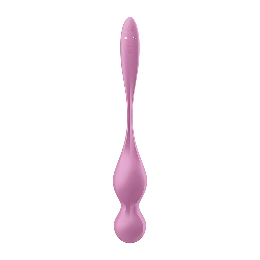 Pink silicone kegel pelvic floor trainer with smooth elongated design and two circular buttons by Satisfyer