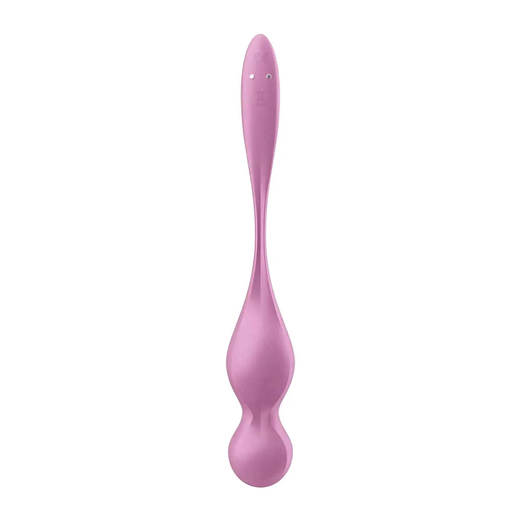 Pink silicone kegel pelvic floor trainer with smooth elongated design and two circular buttons by Satisfyer