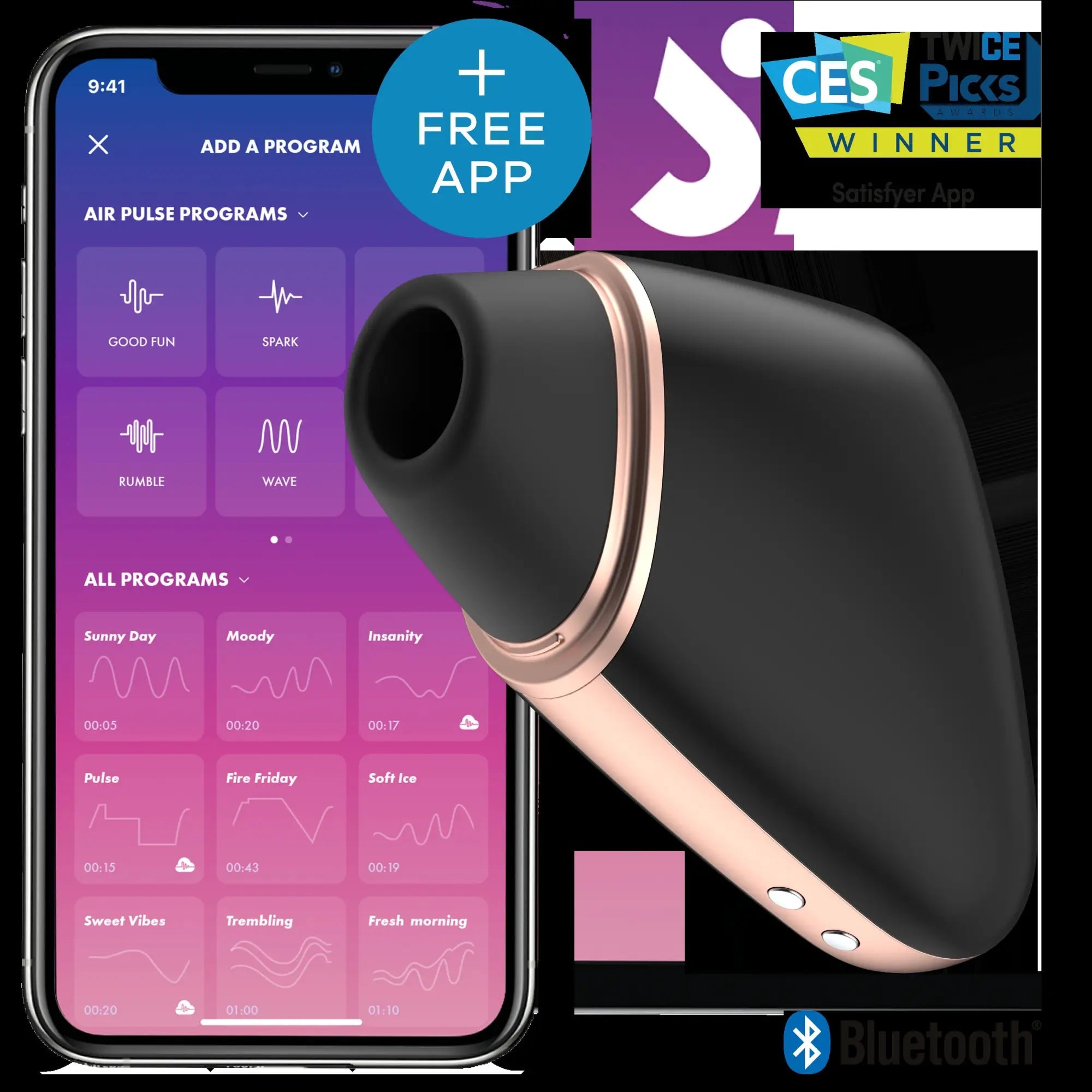 Black and rose gold satisfyer love triangle app-connected air pulse device with sleek ergonomic design