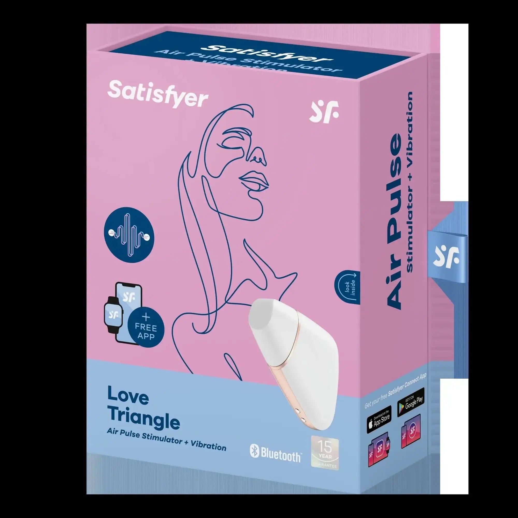 Satisfyer love triangle white air pulse stimulator in white and rose gold with vibrant pink and blue packaging