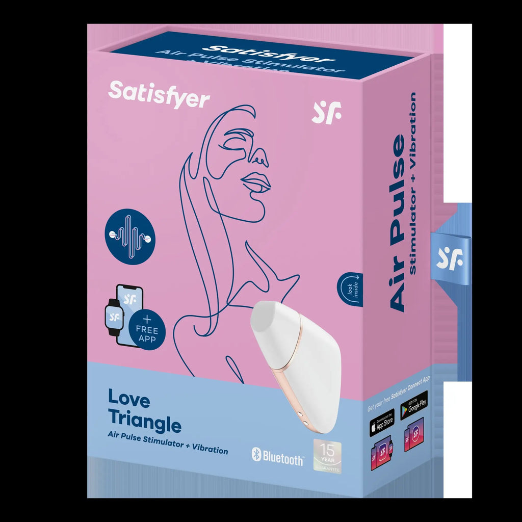 Satisfyer love triangle white air pulse stimulator in white and rose gold with vibrant pink and blue packaging
