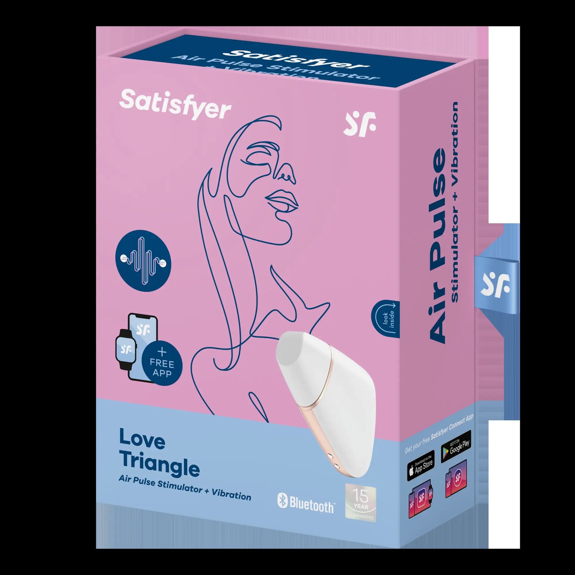 Satisfyer love triangle white air pulse stimulator in white and rose gold with vibrant pink and blue packaging