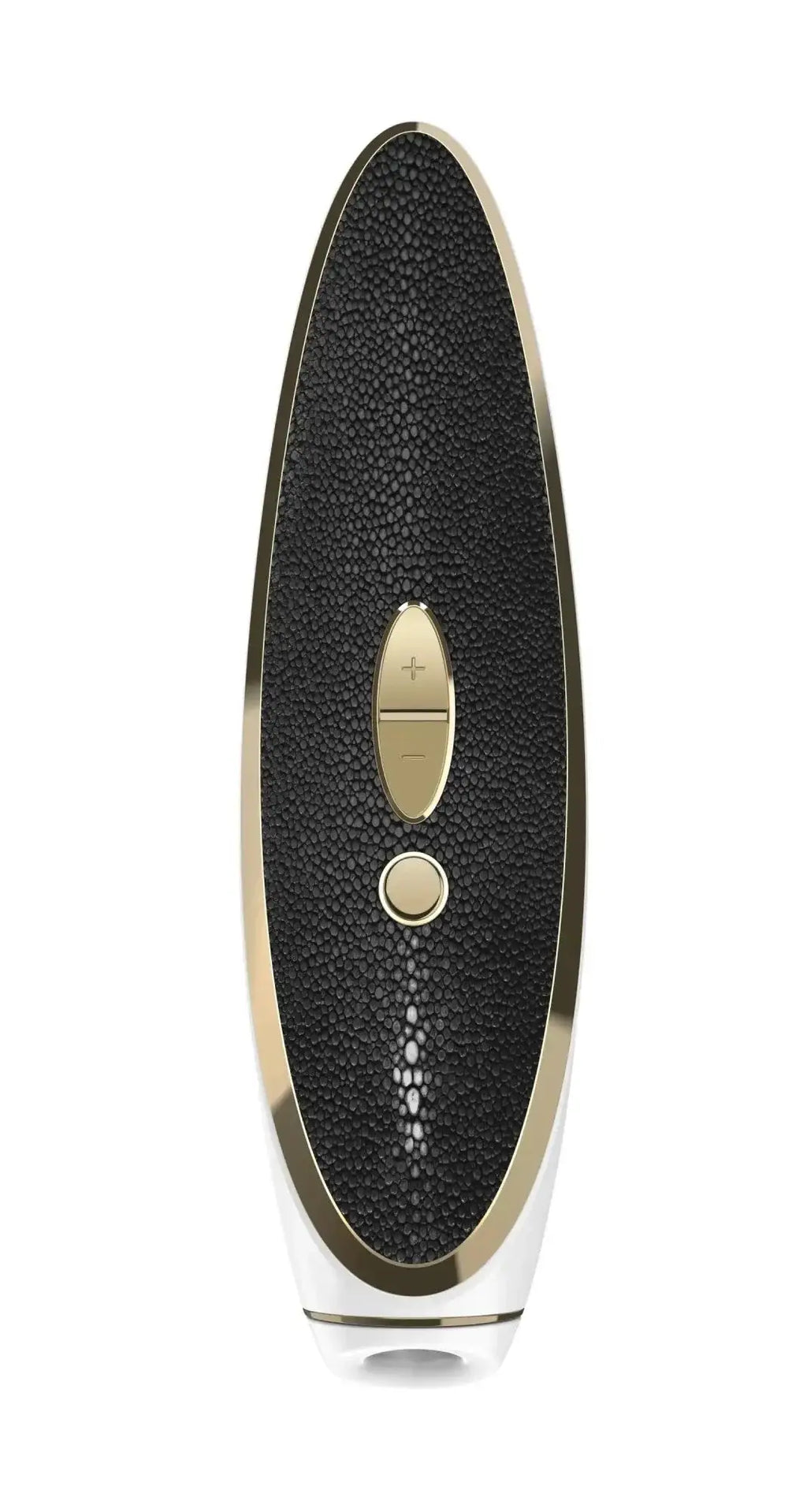 Satisfyer luxury haute couture sleek oval-shaped body in black shagreen texture with gold-tone metallic trim and buttons