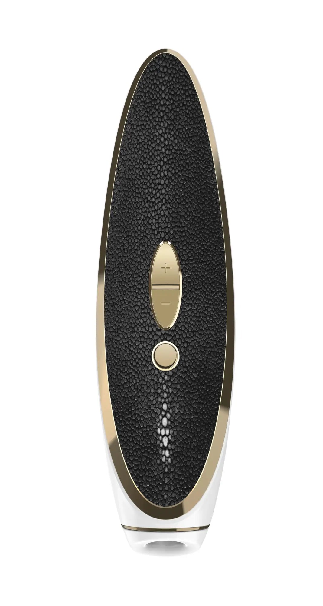 Satisfyer luxury haute couture sleek oval-shaped body in black shagreen texture with gold-tone metallic trim and buttons
