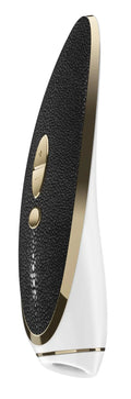 Satisfyer luxury haute couture body with black textured design gold trim and buttons on sleek white base front view