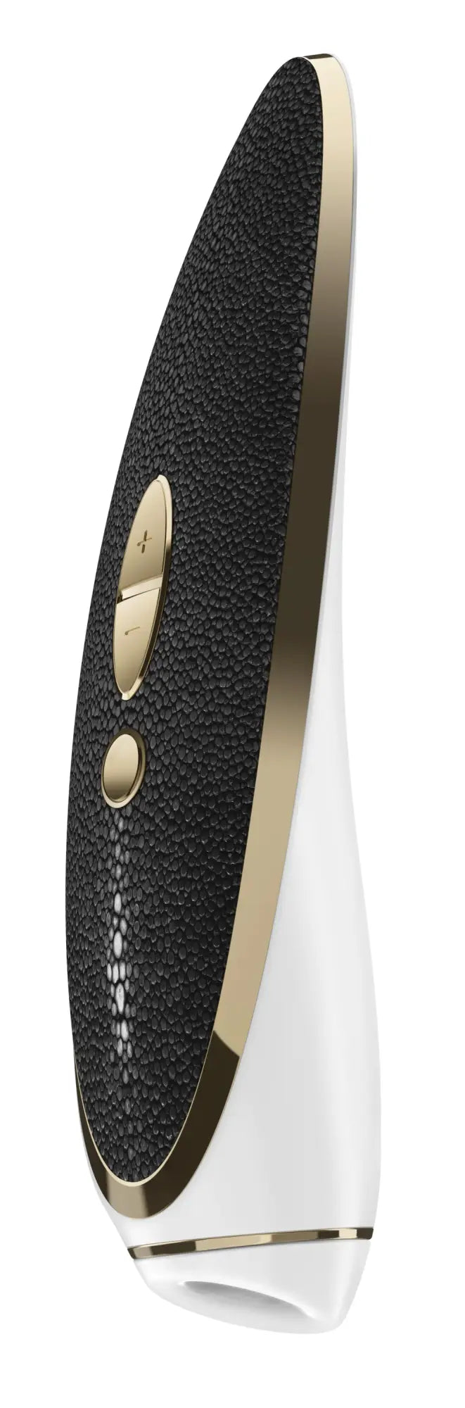 Satisfyer luxury haute couture body with black textured design gold trim and buttons on sleek white base front view