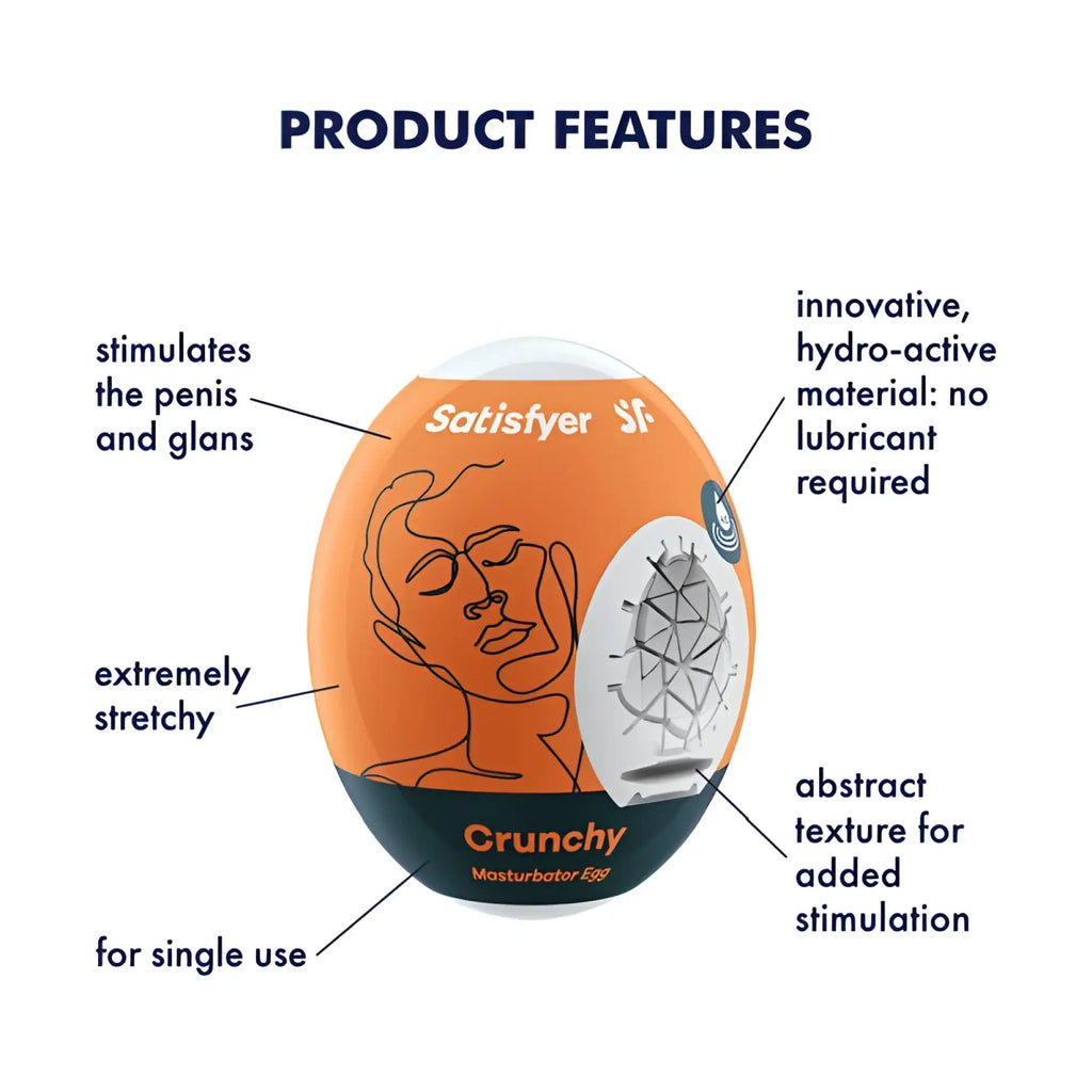 Orange and black satisfyer crunchy masturbator egg with white textured surface for enhanced stimulation use