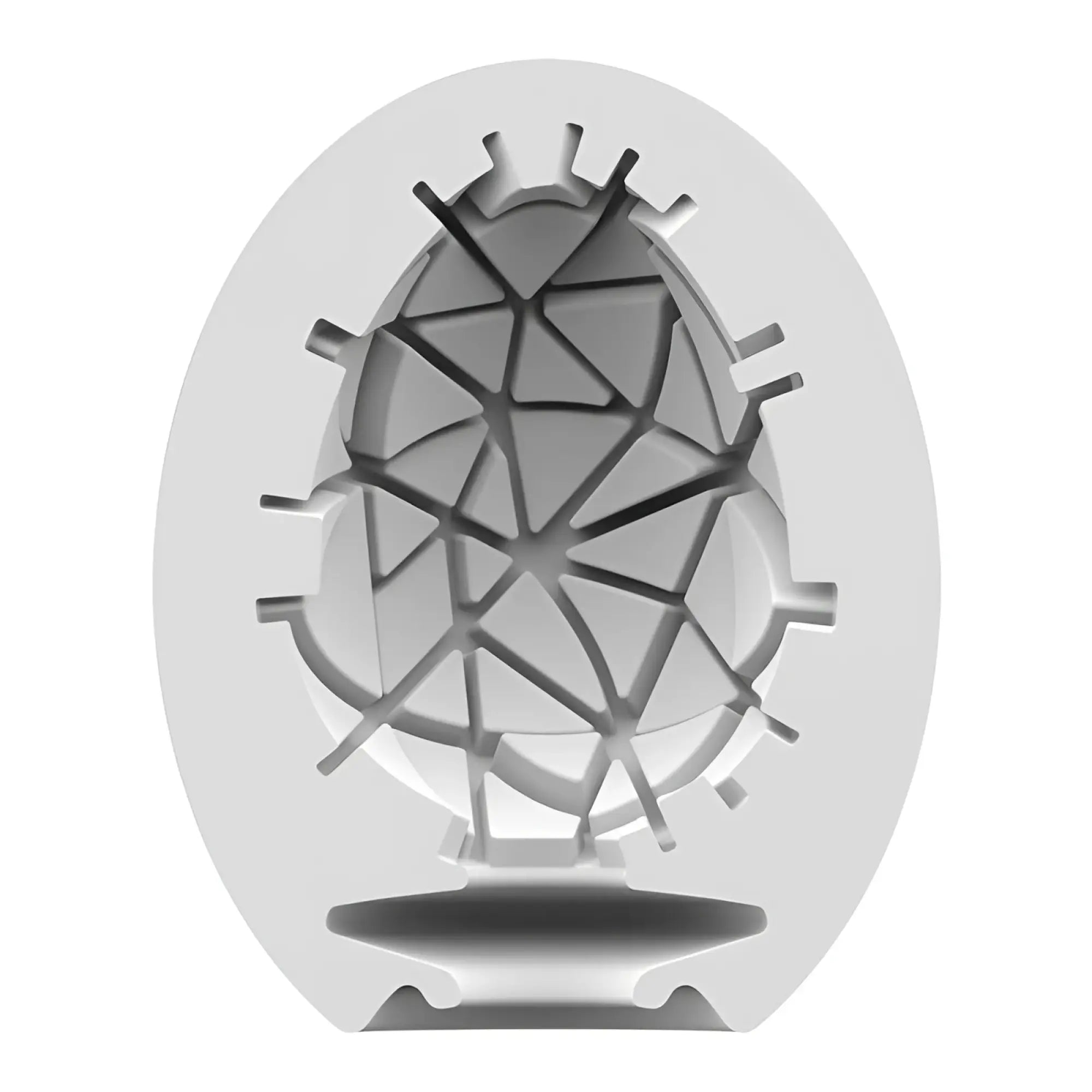 White plastic egg-shaped satisfyer masturbator with geometric cracked design and spiked perimeter for textured use