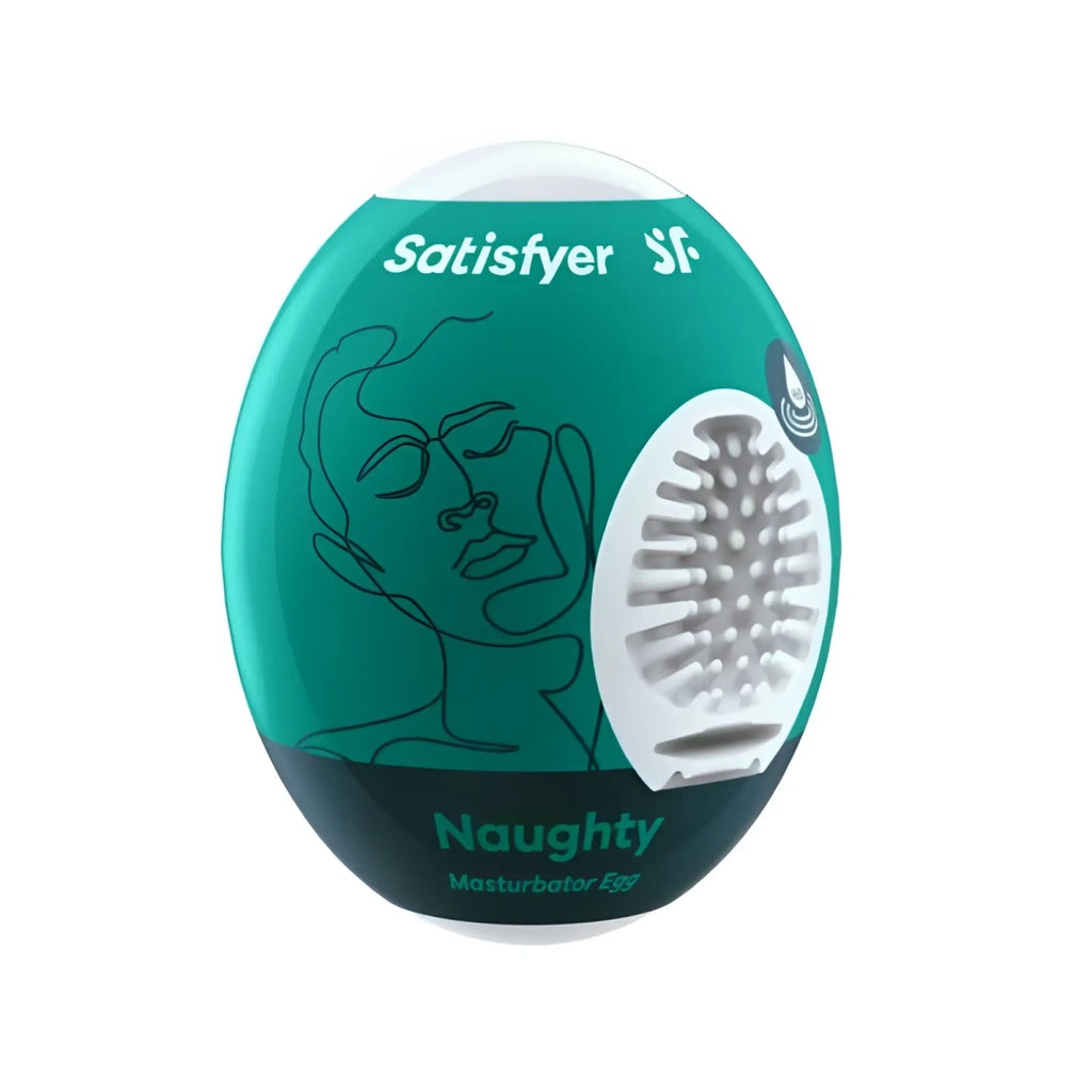 Teal and black Satisfyer Masturbator Egg Naughty with a white textured surface for intimate pleasure use
