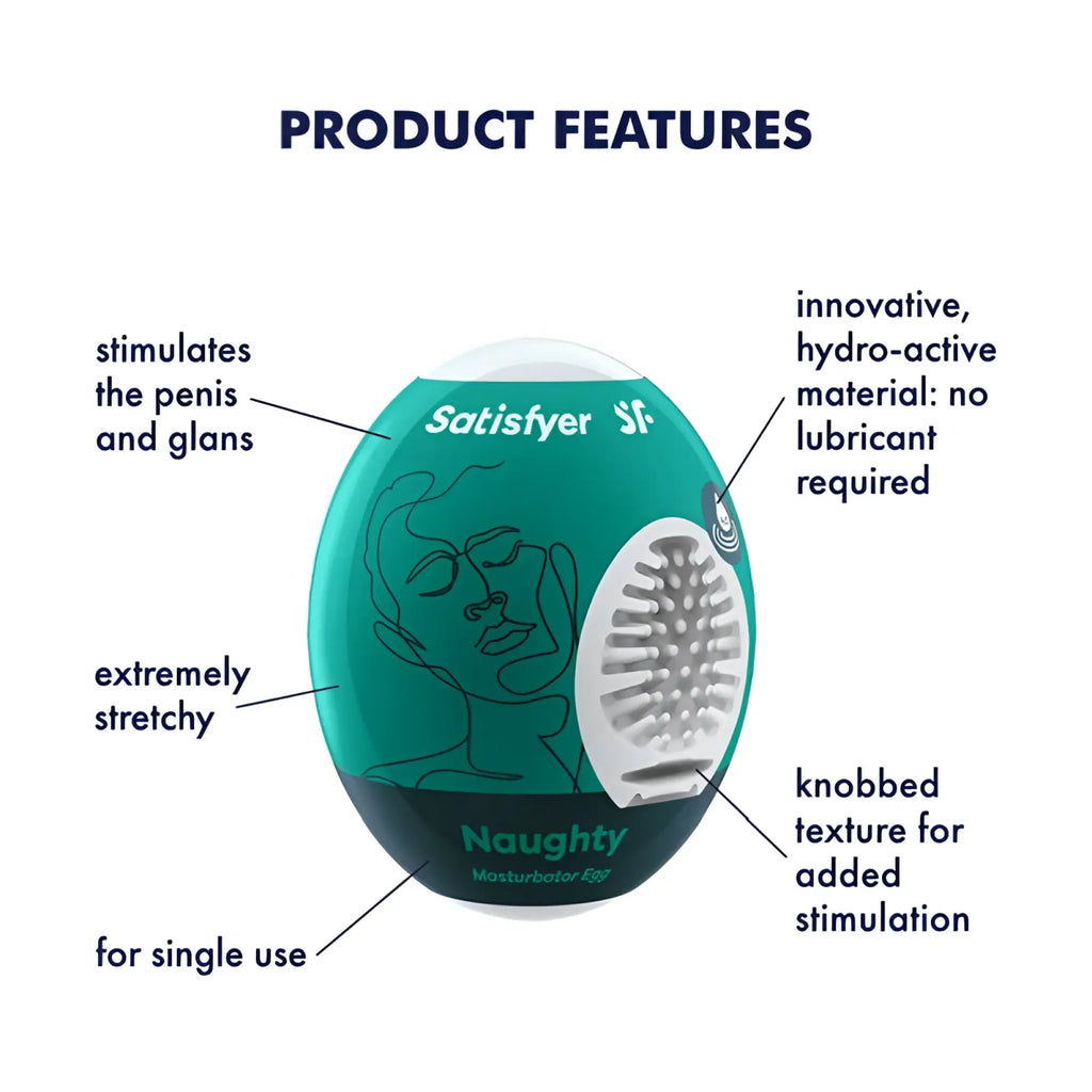 Teal and black Satisfyer Masturbator Egg Naughty with hydro-active knobby texture for single-use stimulation