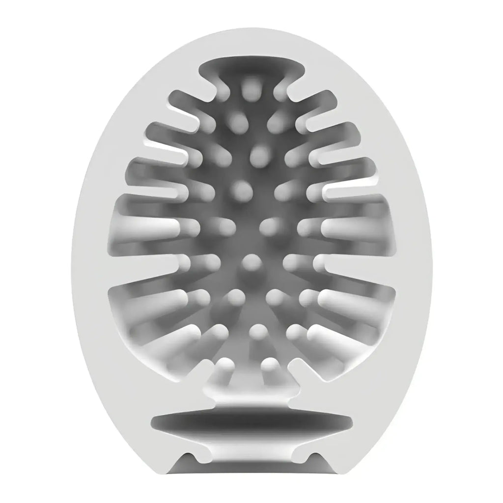 White oval-shaped silicone masturbator egg with textured ridged interior by Satisfyer.
