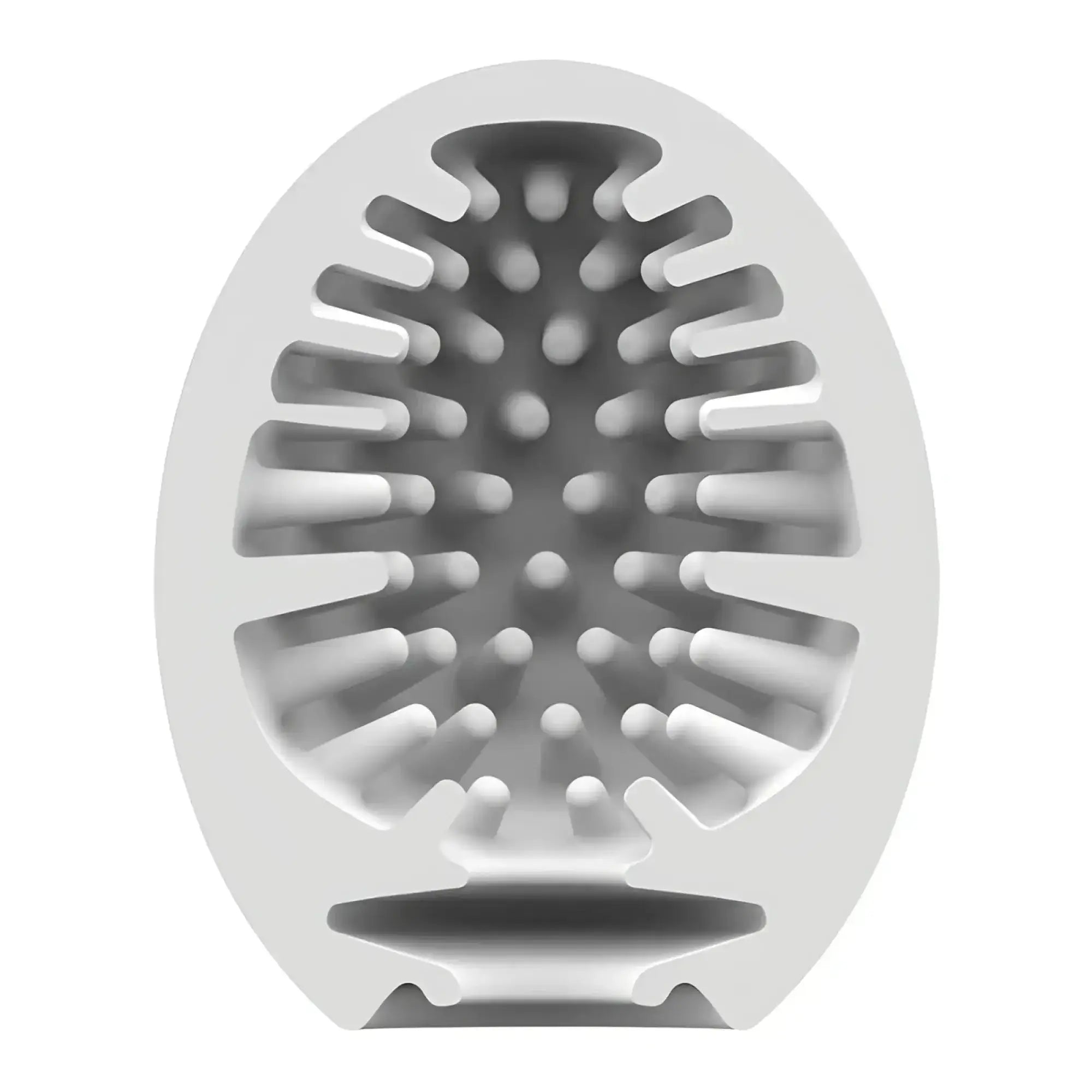 White oval-shaped silicone masturbator egg with textured ridged interior by Satisfyer.