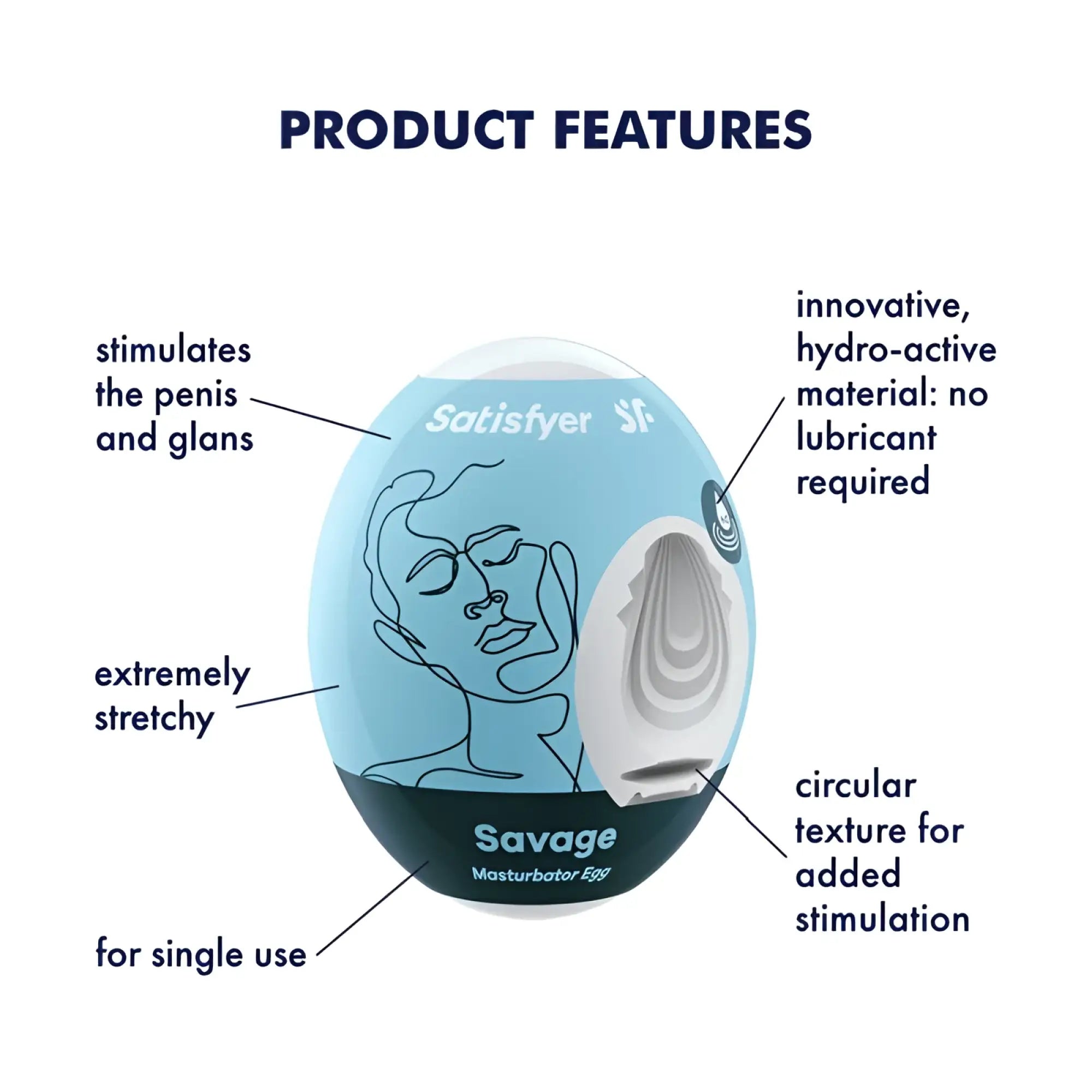 Satisfyer masturbator egg savage in light blue and black with a white textured opening for intense stimulation