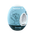 Light blue and black satisfyer masturbator egg savage with minimalist face line drawing on packaging